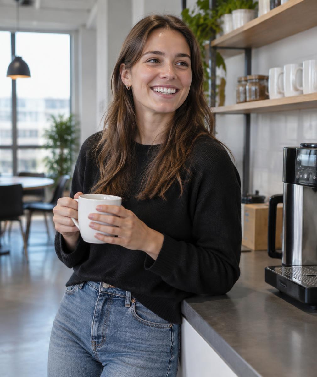 Lächelnde Mitarbeiterin mit Kaffeetasse in einer hellen Büroküche
